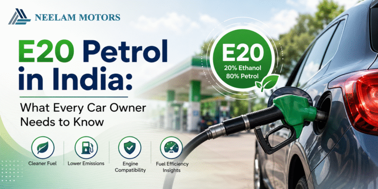 E20 petrol in India with a fuel nozzle filling a car, showing the 20% ethanol and 80% petrol blend, cleaner fuel, lower emissions, engine compatibility, and improved fuel efficiency.