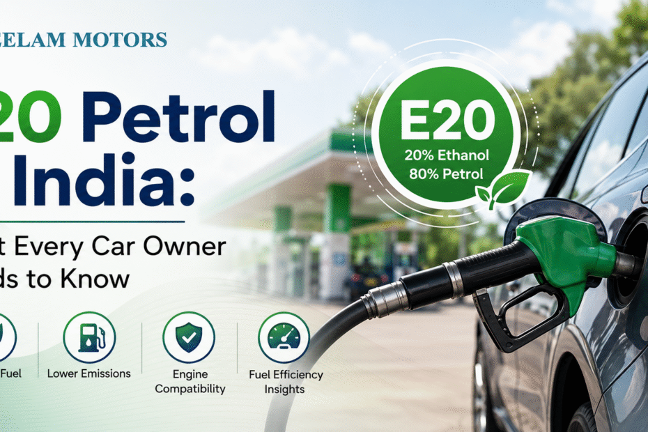 E20 petrol in India with a fuel nozzle filling a car, showing the 20% ethanol and 80% petrol blend, cleaner fuel, lower emissions, engine compatibility, and improved fuel efficiency.